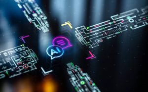 Artificial Intelligence and neural engine core. AI chat network concept futuristic background. AI Chatbot evolution and productivity. Futuristic AI Chat icon in world of technological progress and innovation