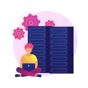Database, digital information storage and organization. Technical support worker cartoon character. SEO optimization, computer hardware. Vector isolated concept metaphor illustration