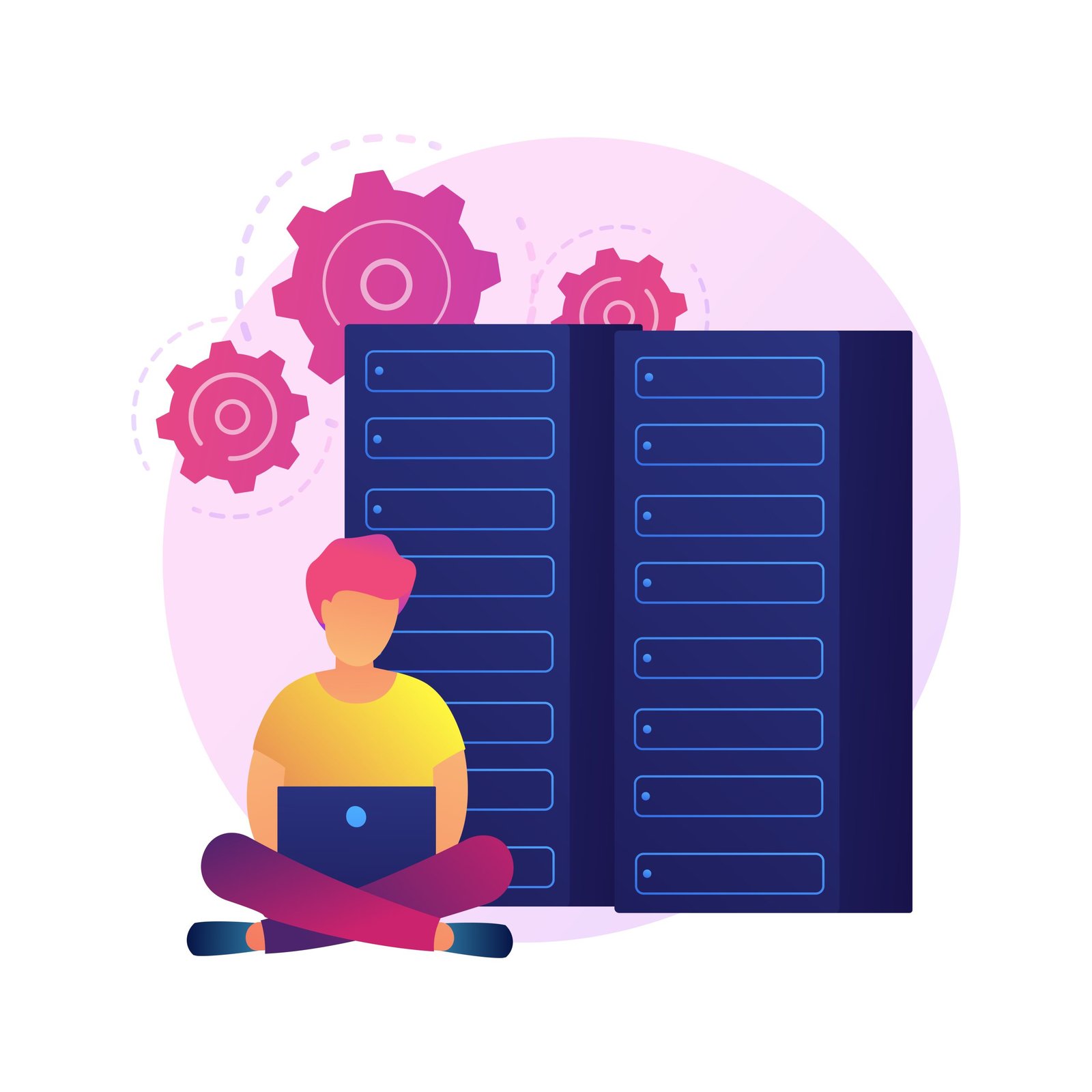 Database, digital information storage and organization. Technical support worker cartoon character. SEO optimization, computer hardware. Vector isolated concept metaphor illustration